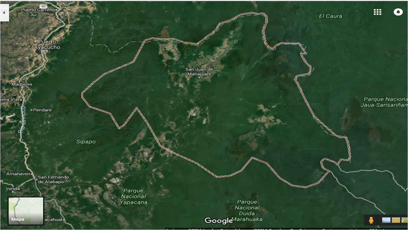 Mapa detallado de la ubicación geográfica de Manapiare en Venezuela